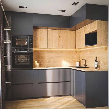 Угловая кухня в чёрном цвете 