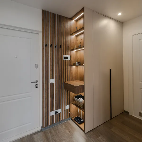 Светлая прихожая с элементами дерева — заказать в Минске